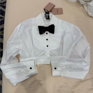 Miu Miu White Button Down Shirt with Black Bow Tie